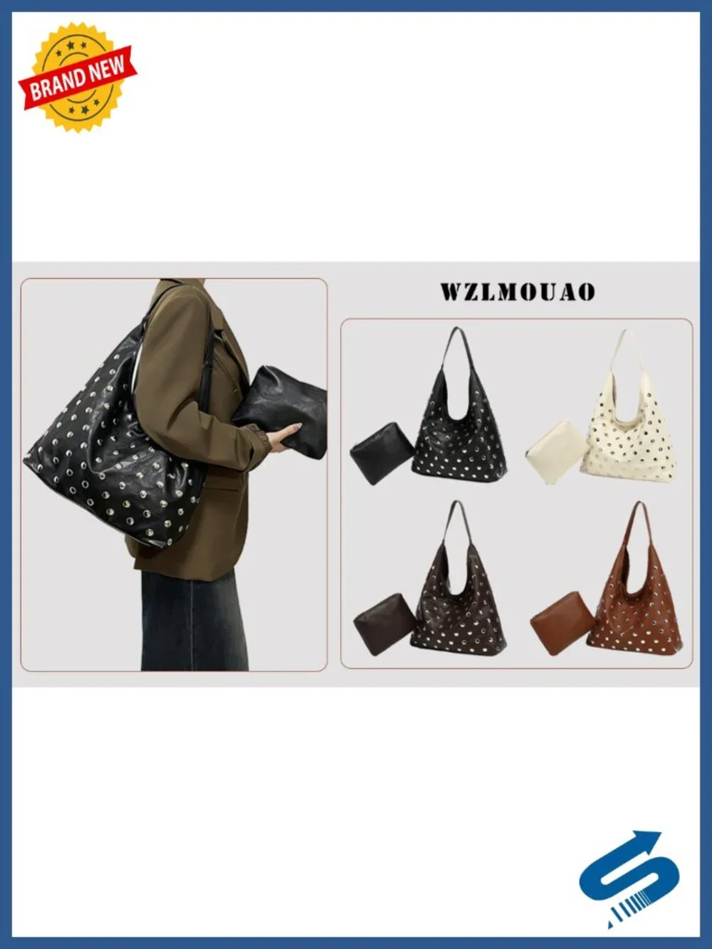 Studded Hobo Bag Vegan Leather Tote Slouchy Shoulder Purse